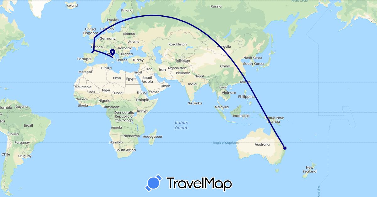 TravelMap itinerary: driving in Australia, Spain, France, United Kingdom, Italy (Europe, Oceania)